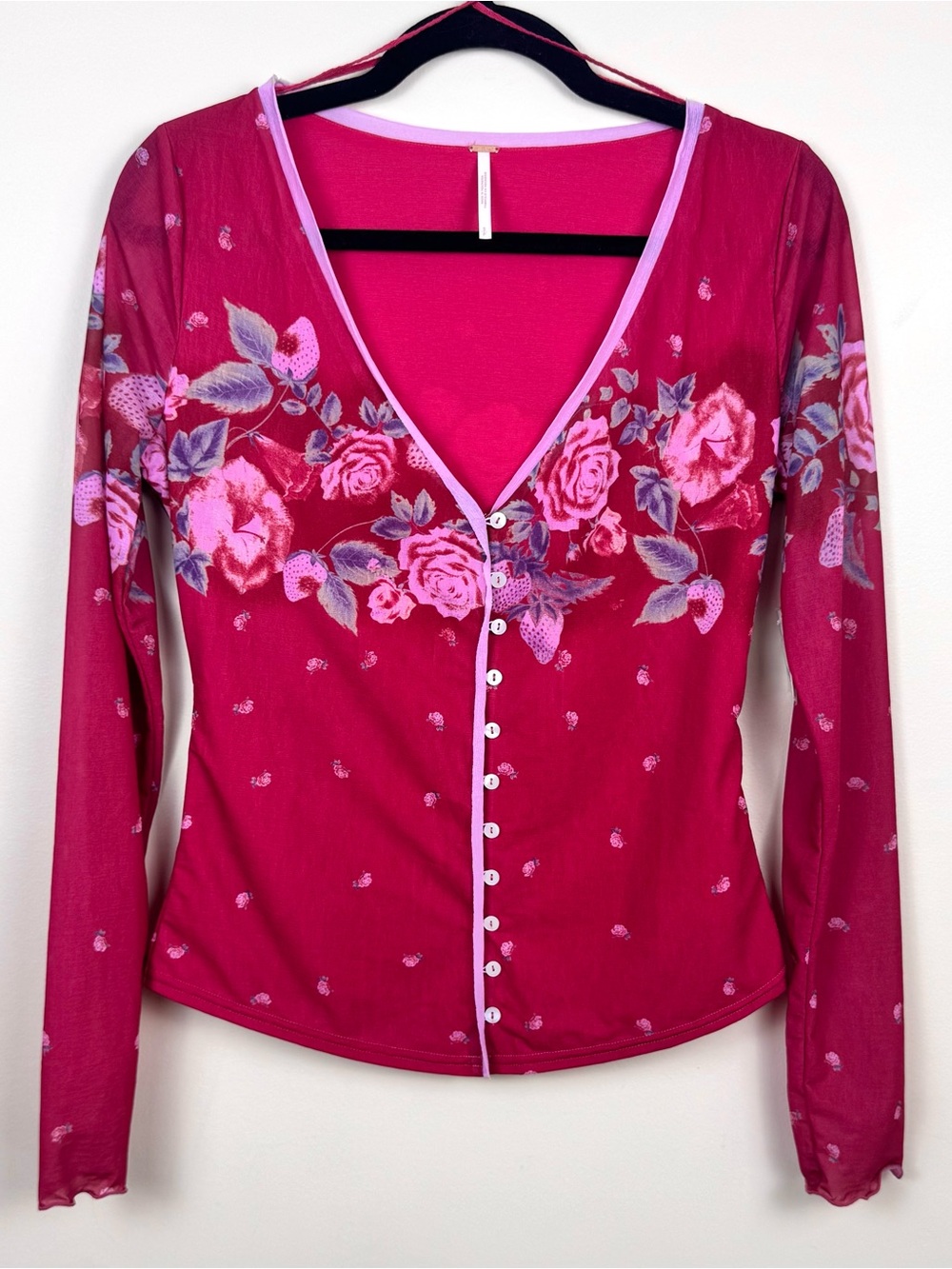 Free People Red Home Grown Mesh Cardi Floral Button Up Top Sz Small
